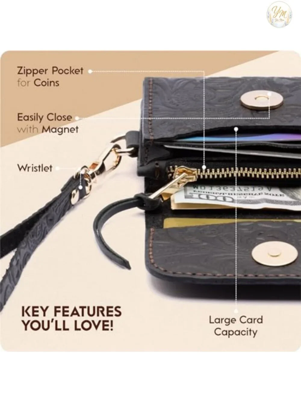 Handmade Genuine Leather Wristlet Wallet Women Western Floral Card Holder